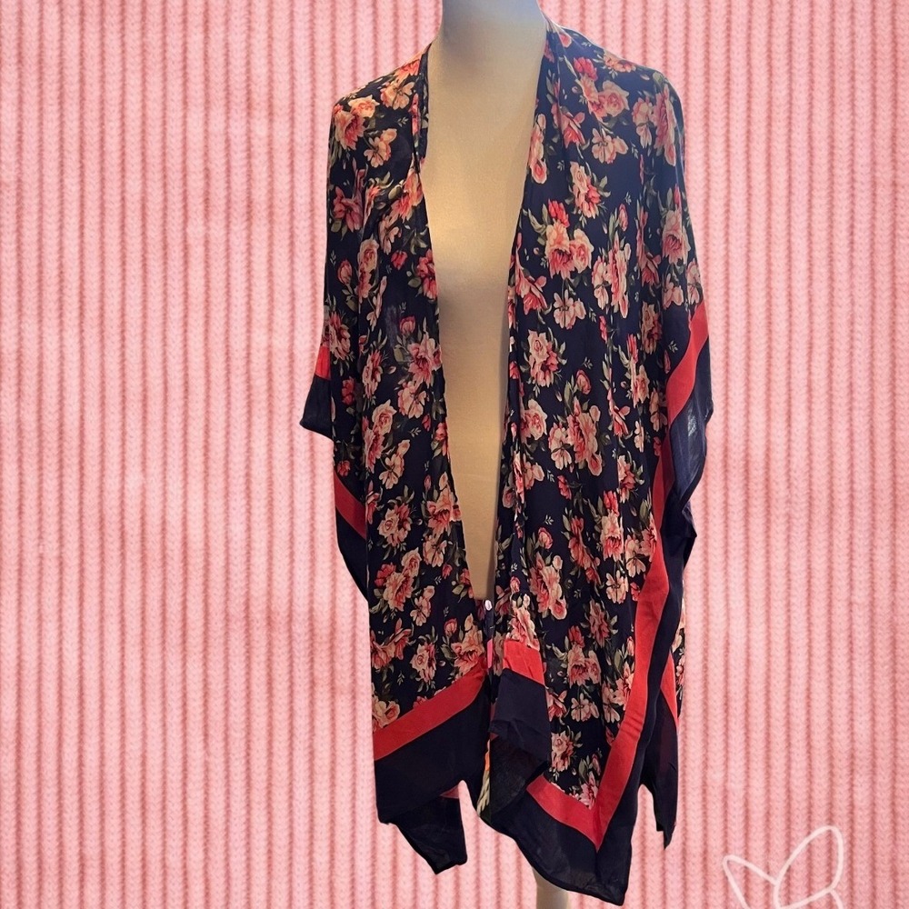 Mario Serrani Italy Floral Kimono Wrap Navy Blue Pink Rose Viscose One Size Boho